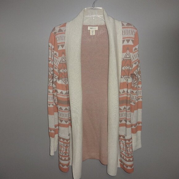 Yes Lola! brand long Sweater Jacket, coral, cream South Western design print  M - Picture 1 of 9